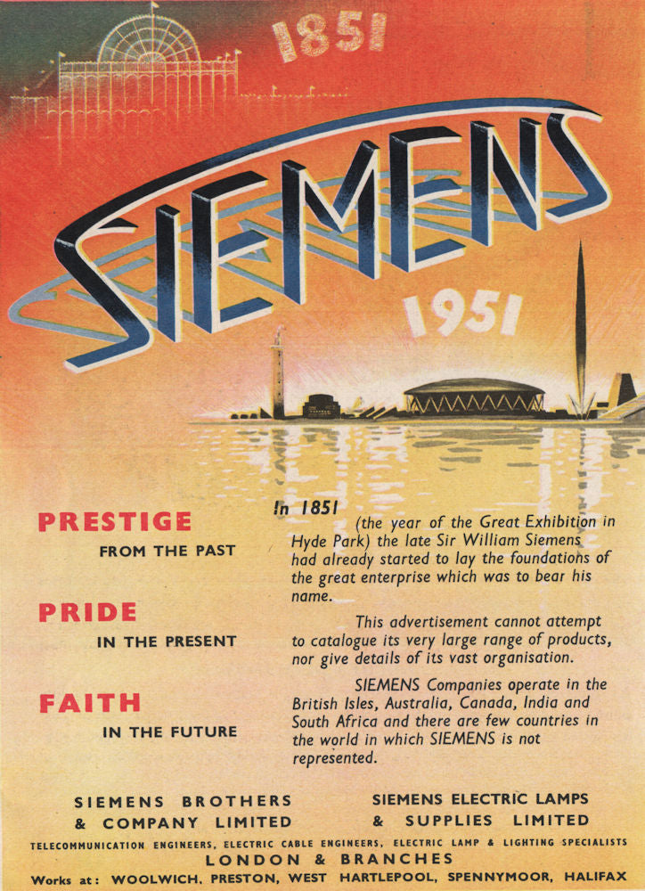 SIEMENS ADVERT. Siemens. Festival of Britain. Engineering 1951 old print
